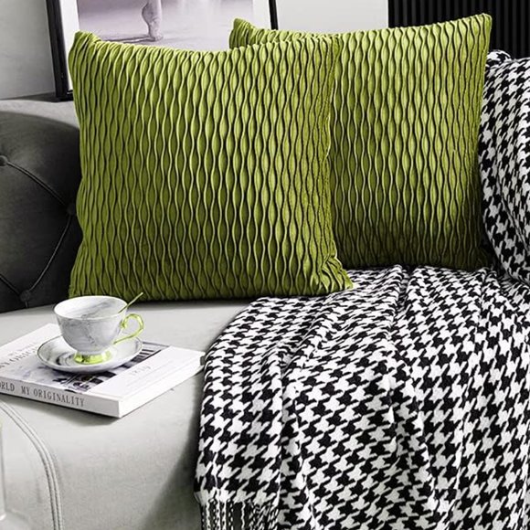Set of 2 Matcha Green Tea Soft Ripple Corduroy Velvet Pillow Covers Pillows New - Picture 5 of 9